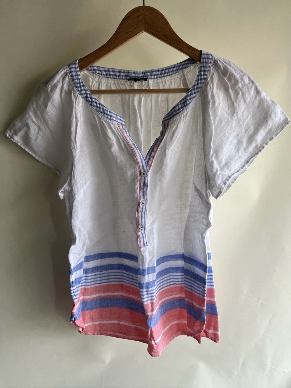 Talbots Linen Blouse Sz Sm Women’s Striped White Blue Preppy Shirt